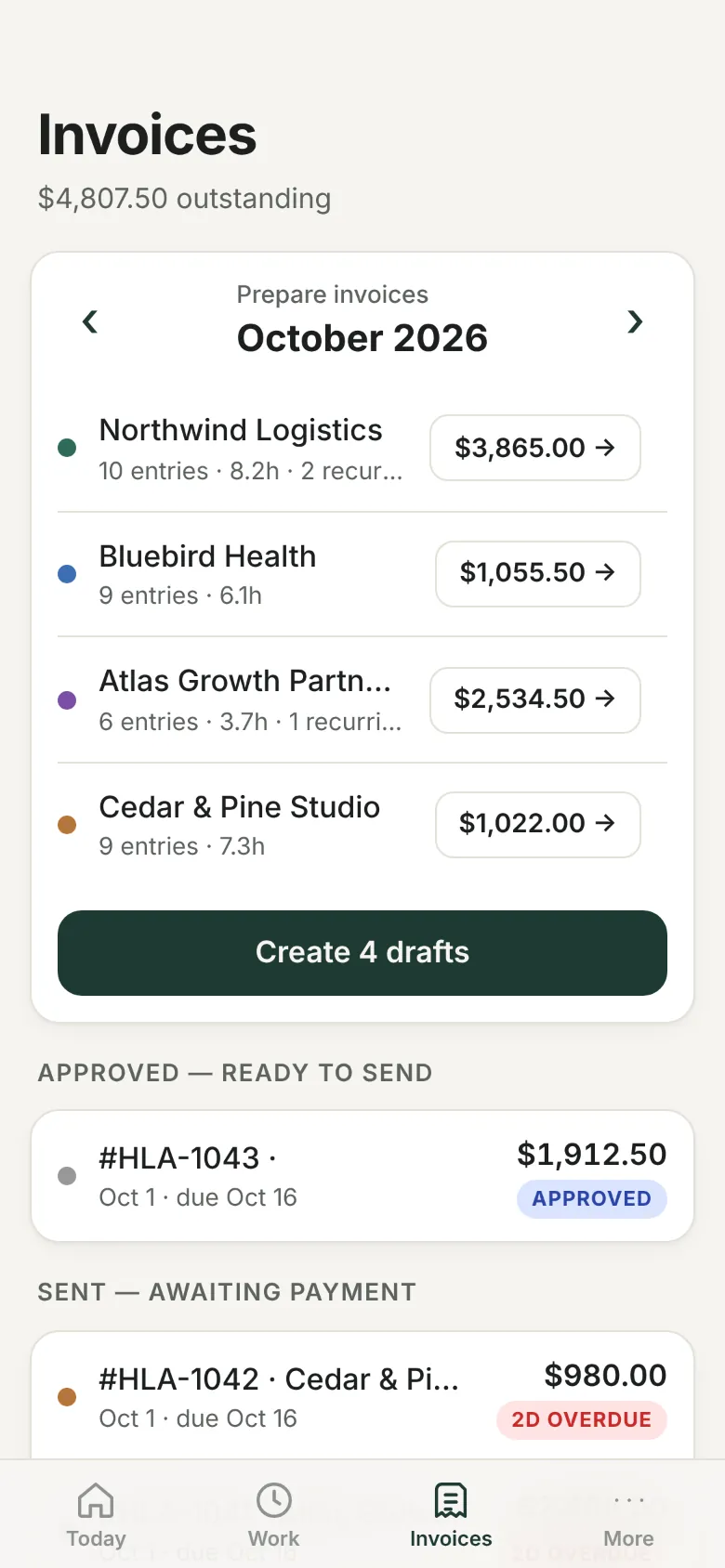 Prepare invoices: every client's month totaled, one tap to create drafts