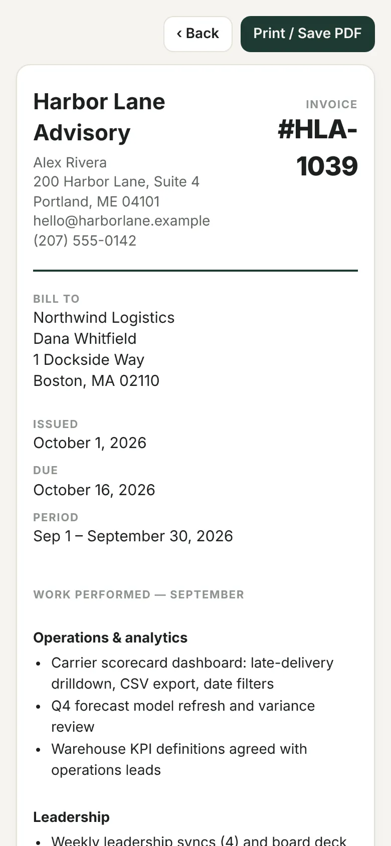 Client invoice with a work-performed summary